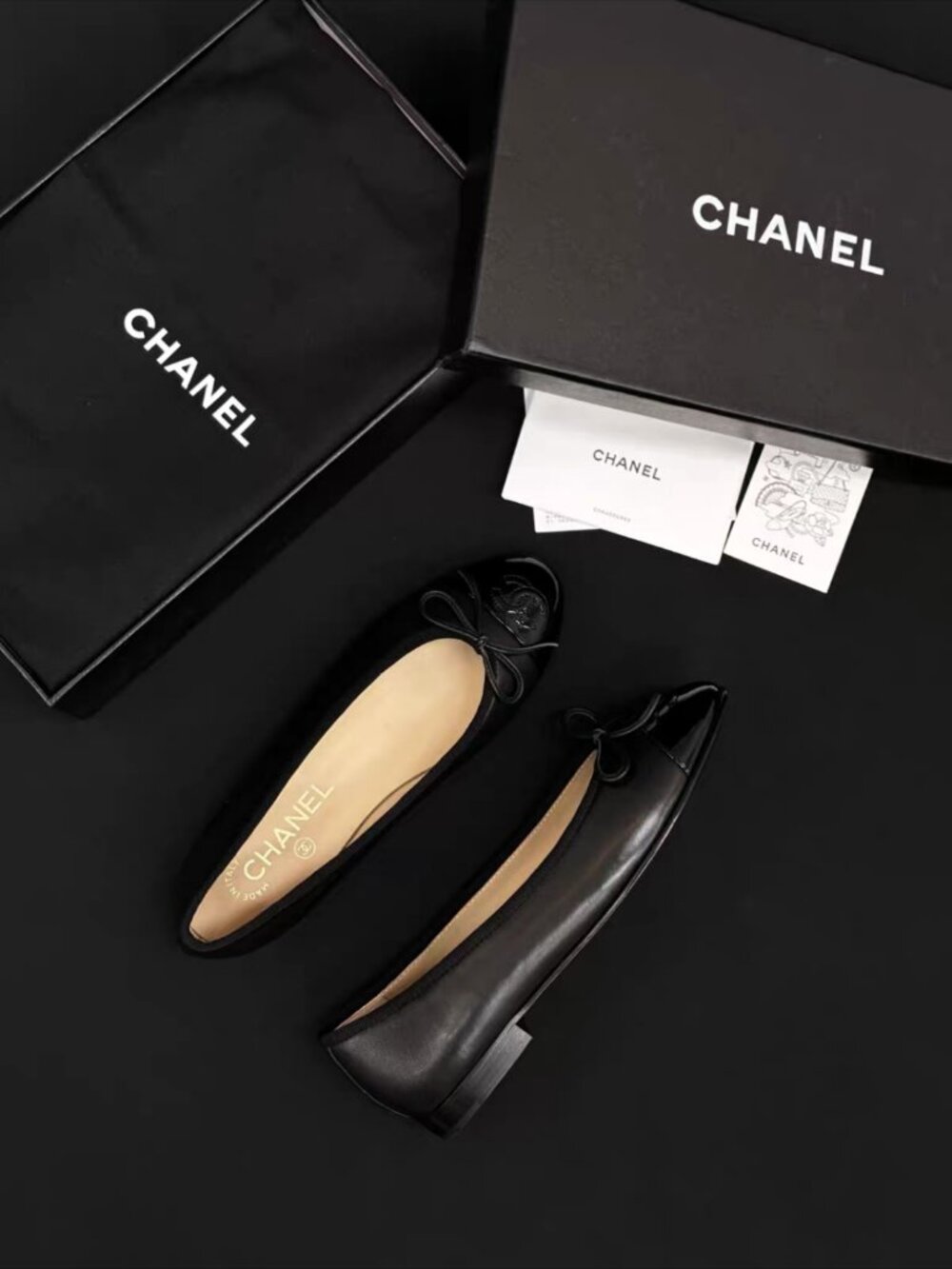 Chanel Black Leather Bow CC Logo Round Toe Ballet Flats - Picture 5 of 7